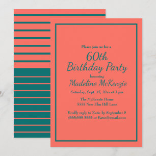 Coral Teal Striped 60th Birthday Party Invite