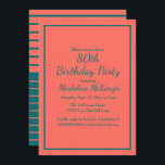 Coral Teal Striped 80th Birthday Party Invite<br><div class="desc">Commemorate an extraordinary milestone with this elegant 80th birthday party invitation, designed with a warm coral background and rich teal typography for a timeless, sophisticated appearance. A classic double-line border frames the layout, while graceful script lettering combined with clean serif text creates a refined and celebratory feel. Perfect for honoring...</div>