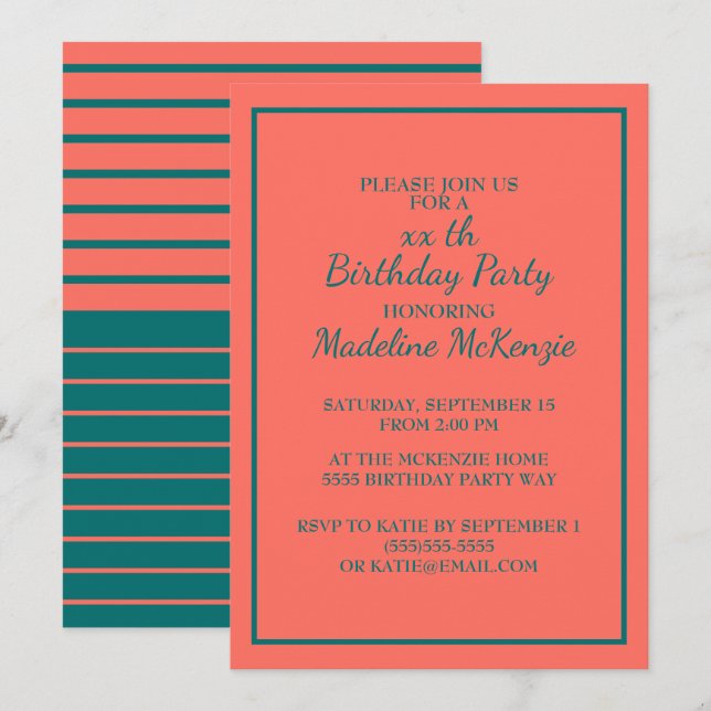 Coral Teal Striped Birthday Party Invite (Front/Back)