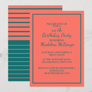 Coral Teal Striped Birthday Party Invite