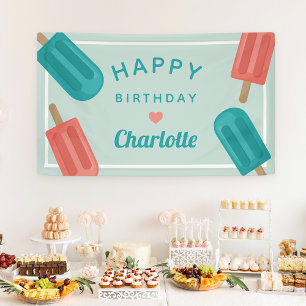 Coral & Teal Summer Popsicle Kids Birthday Banner