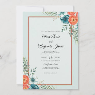 Coral Teal Tropical Sage Wedding Invitation