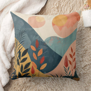Coral Teal Twin Suns Boho Mountain Landscape Cushion