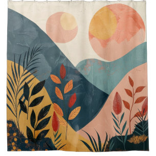 Coral Teal Twin Suns Boho Mountain Landscape Shower Curtain