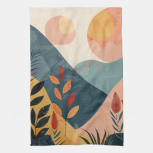 Coral Teal Twin Suns Boho Mountain Landscape Tea Towel