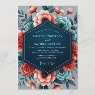 Coral Teal Vibrant Flora Wedding Invitation