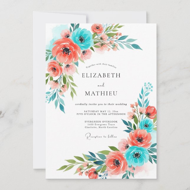 Coral Teal Whimsical Floral Wedding Invitation (Front)
