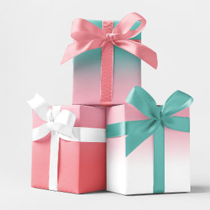 Coral Teal White and Light Pink Ombre Mix Wrapping Paper Sheet