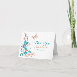 Coral, Teal, White Destination Wedding Thank You Card
