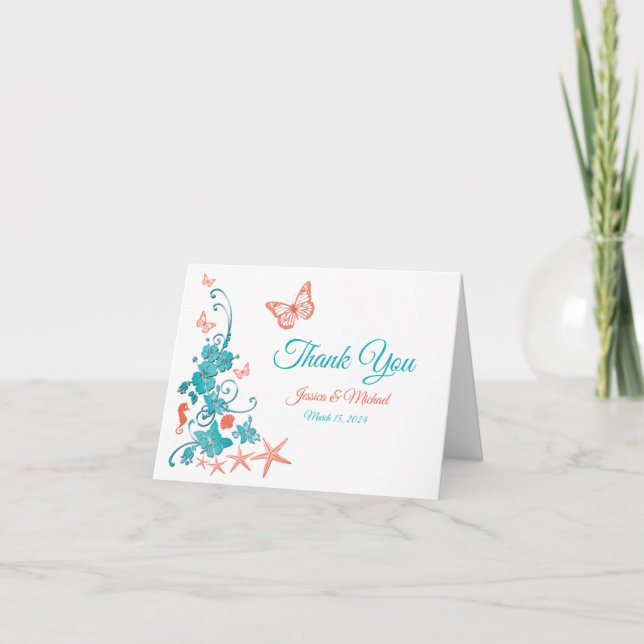Coral, Teal, White Destination Wedding Thank You Card (Front)