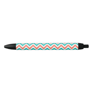 Coral, Teal, White Large Chevron ZigZag Pattern Black Ink Pen