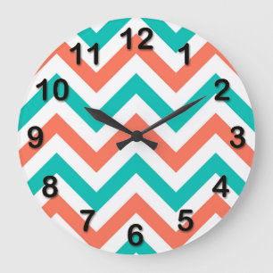 Coral, Teal, White Large Chevron ZigZag Pattern Clock