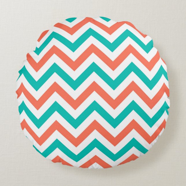 Coral, Teal, White Large Chevron ZigZag Pattern Round Cushion (Front)