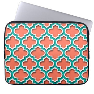 Coral Teal White Moroccan Quatrefoil #5DS Laptop Sleeve