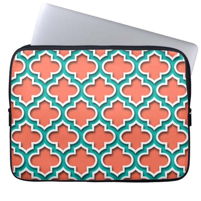 Coral Teal White Moroccan Quatrefoil #5DS Laptop Sleeve (Front)