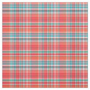Coral, Teal, White Preppy Madras Style Plaid Sz3#1 Fabric