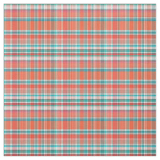 Coral, Teal, White Preppy Madras Style Plaid Sz3#2 Fabric