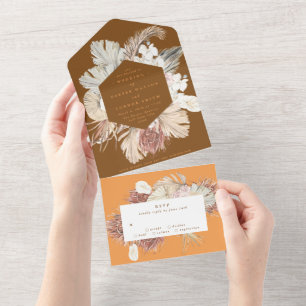 Coral Terracotta Pampas Boho Floral Desert Wedding All In One Invitation