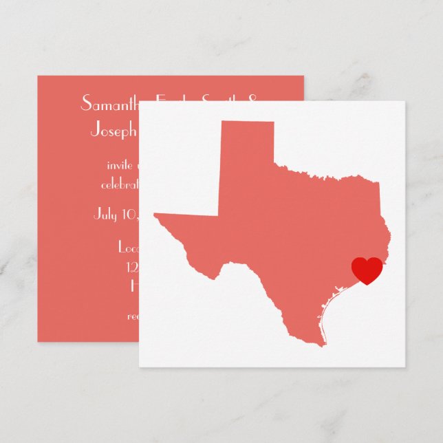 Coral Texas Red Heart Wedding Invitation (Front/Back)