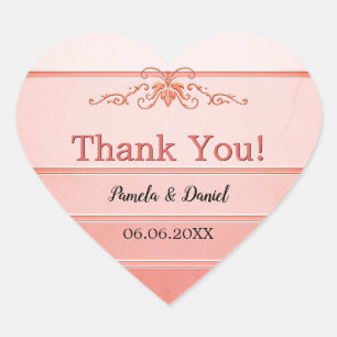 Coral Tone on Tone Striped Wedding Thank You Heart Sticker