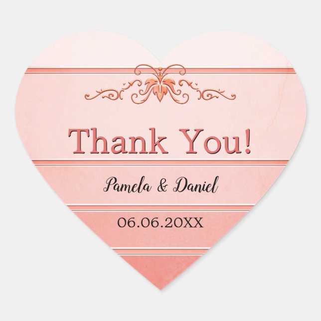 Coral Tone on Tone Striped Wedding Thank You Heart Sticker (Front)