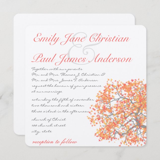 Coral Tree Grey Trunk RaspberryWedding Invites (Front/Back)