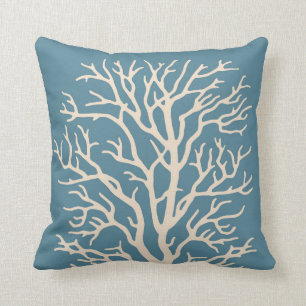 Coral Tree in Cream on Medium Sea Blue Cushion