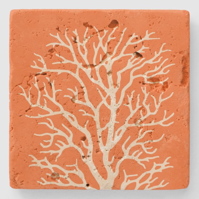 Coral Tree in Cream on Pumpkin Orange Stone Coaster (Front)