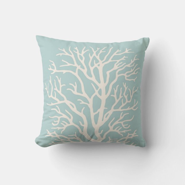 Coral Tree in White on Sea Glass Blue Cushion (Front)