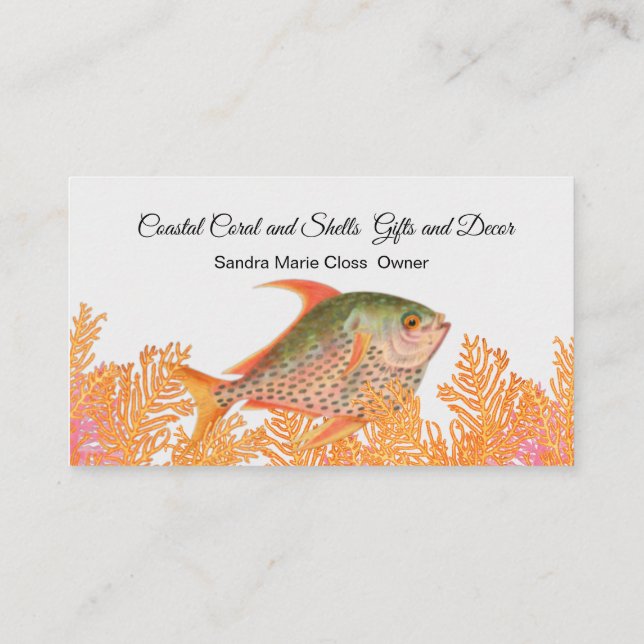 Coral Tropical Fish Black White Simple Coastal Business Card (Back)