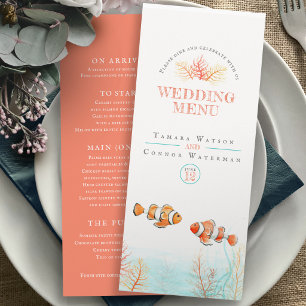 Coral tropical fish ocean watercolor wedding menu