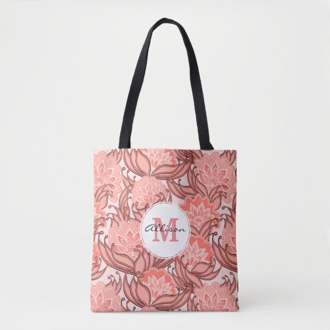 Coral Tropical Floral Pattern with Monogram Tote Bag (Front)