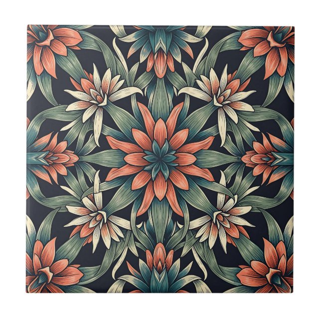 Coral Tropical Floral Seamless Pattern Dark Navy Tile (Front)