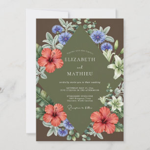 Coral Tropical Hibiscus Eucalyptus Wedding Invitation