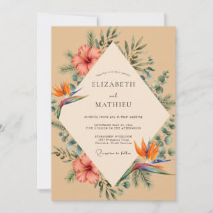 Coral Tropical Hibiscus Sage Wedding Invitation