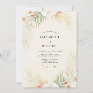 Coral Tropical Palm Eucalyptus Wedding Invitation