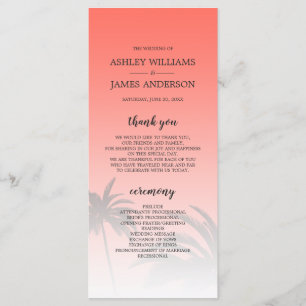 Coral Tropical Palm Tree Beach Wedding Programme