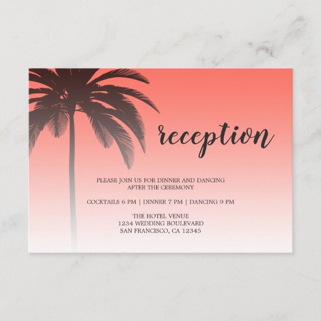 Coral Tropical Palm Tree Beach Wedding Reception Enclosure Card (Front)