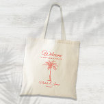 Coral Tropical Palm Tree Wedding Welcome Tote Bag<br><div class="desc">Customise this navy blue "Welcome" tote bag with your own special touch. This modern design features modern script,  coral text and artistic palm tree. Personalise it with your names,  wedding date and location. If you need help or matching items,  please contact me.</div>