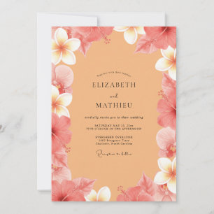 Coral Tropical Plumeria Eucalyptus Wedding Invitation
