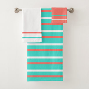 Coral Tuquoise White Stripes Geometric Pattern Bath Towel Set