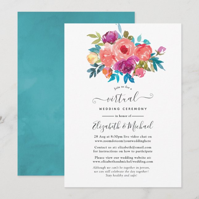 Coral, Turquoise and Purple Floral Virtual Wedding Invitation (Front/Back)