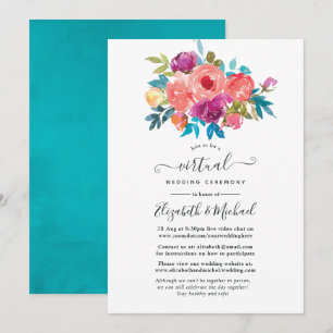 Coral, Turquoise and Purple Floral Virtual Wedding Invitation