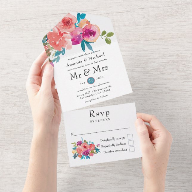 Coral, Turquoise and Purple Floral Wedding All In One Invitation (Tearaway)