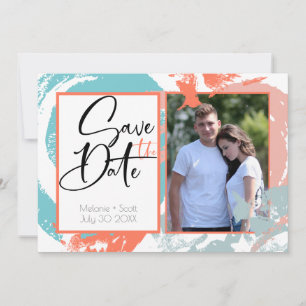 Coral Turquoise Brush Strokes Save the Date Invitation
