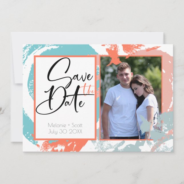 Coral Turquoise Brush Strokes Save the Date Invitation (Front)