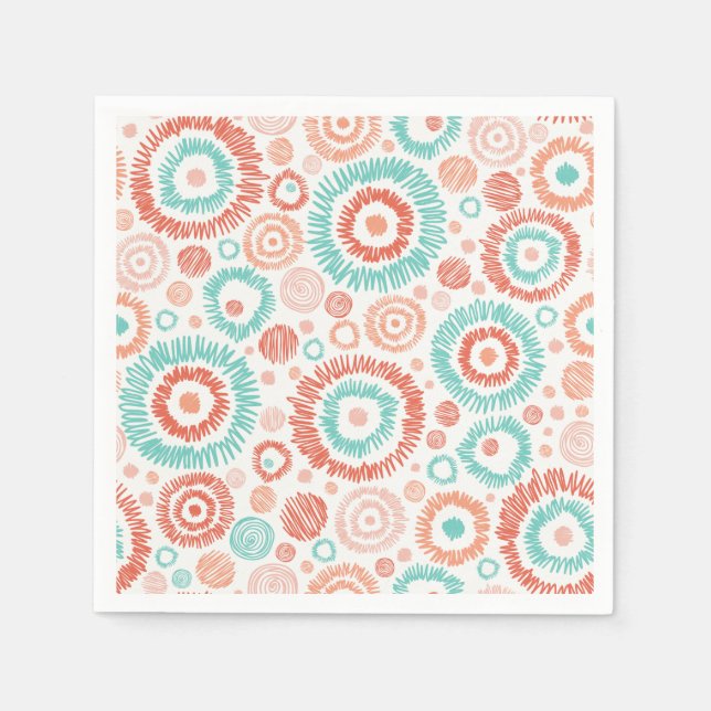 Coral & Turquoise Doodle ZigZag Circles Abstract Napkin (Front)