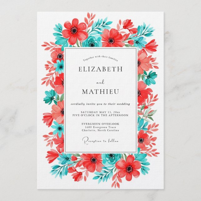 Coral Turquoise Floral Bloom Wedding Invitation (Front)