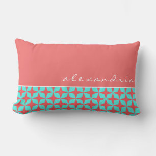 Coral & Turquoise Geometric Pattern   Custom Name Lumbar Cushion