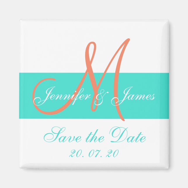 Coral Turquoise Modern Save the Date Magnets (Front)